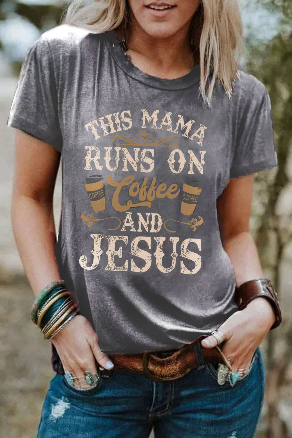 Gray Coffee And Jesus Graphic T-Shirt