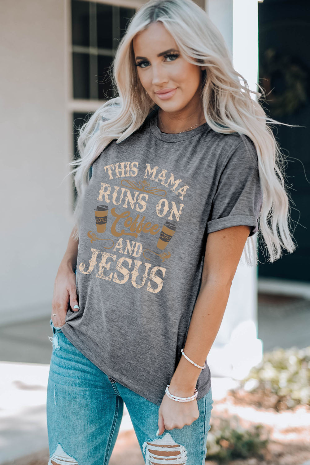 Gray Coffee And Jesus Graphic T-Shirt