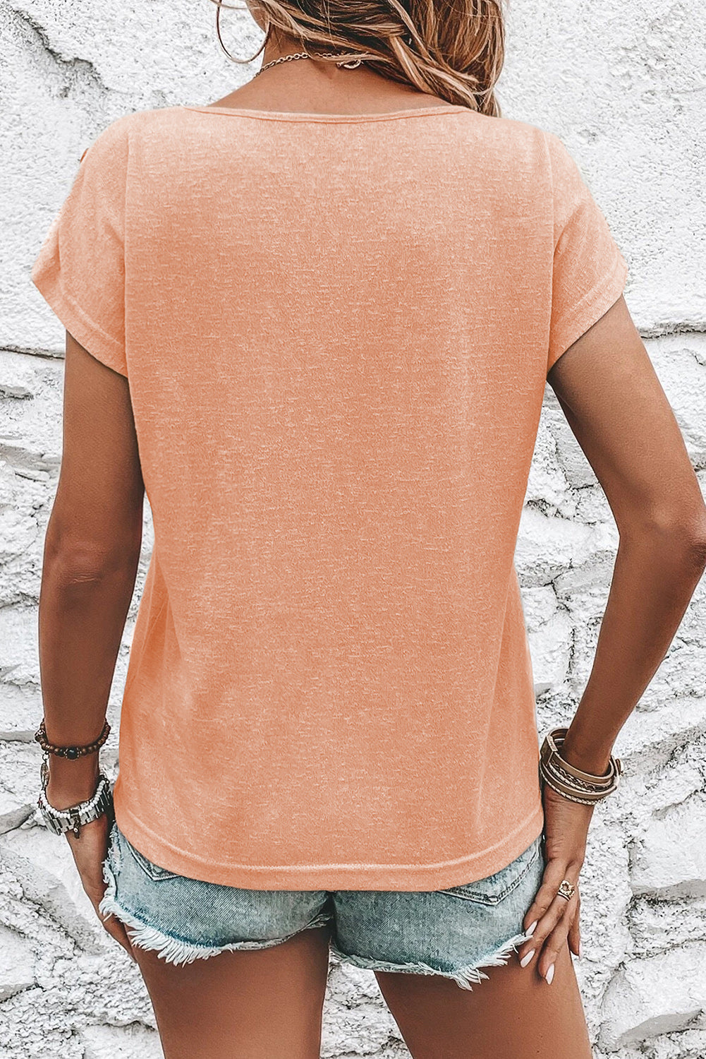 Smoke Gray Button Detail Batwing Sleeve Casual Tee