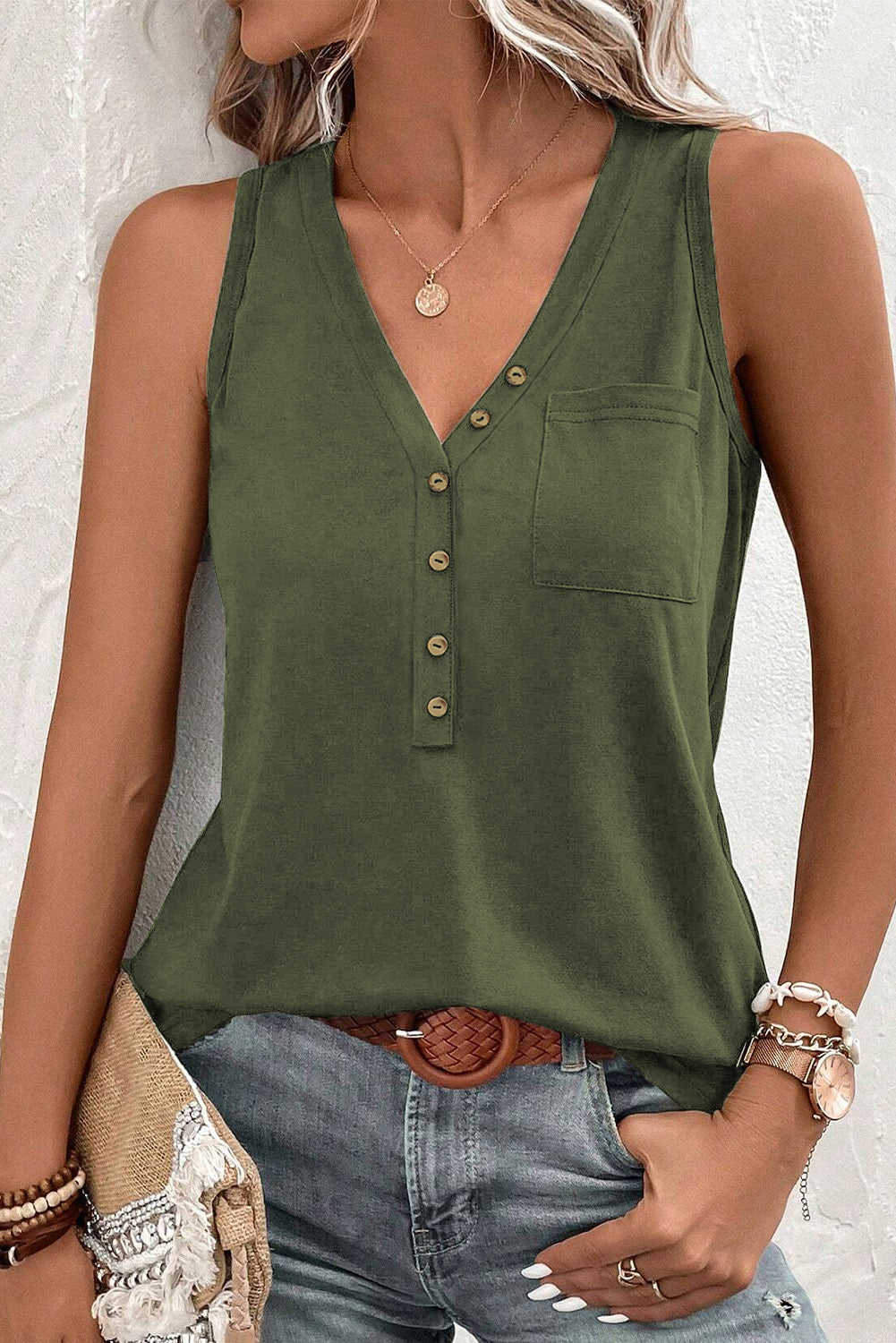 Jungle Green Half Button V Neck Patched Pocket Tank Top