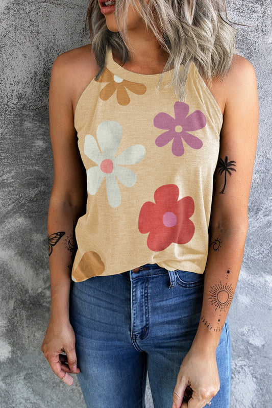 Khaki Flower Print Round Neck Tank