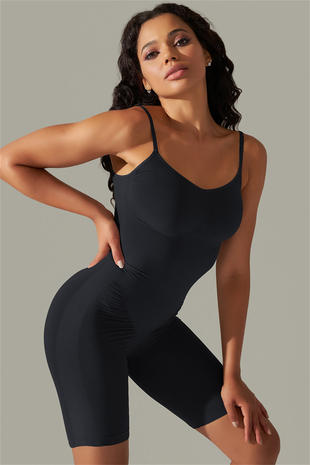 Black Solid Color Spaghetti Straps Push up Sports Romper