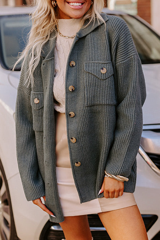 Medium Grey Button Flap Pocket Ribbed Knit Shirt Collar Sweater Cardigan