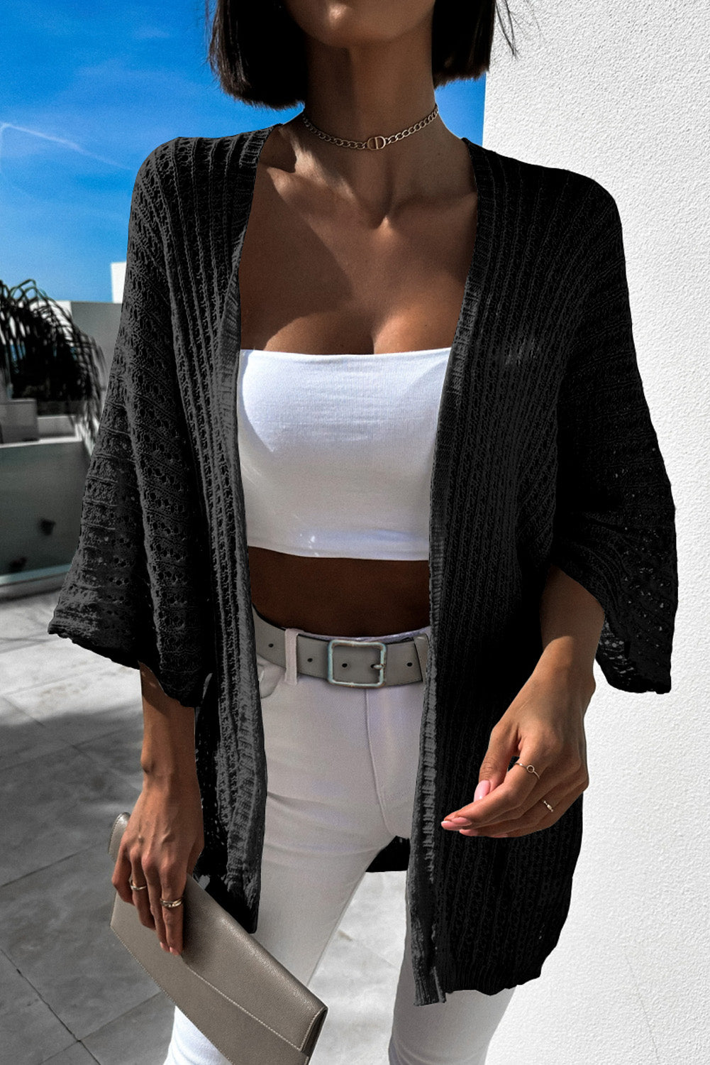 Hollow-out Knit Kimono Lightweight Cardigan