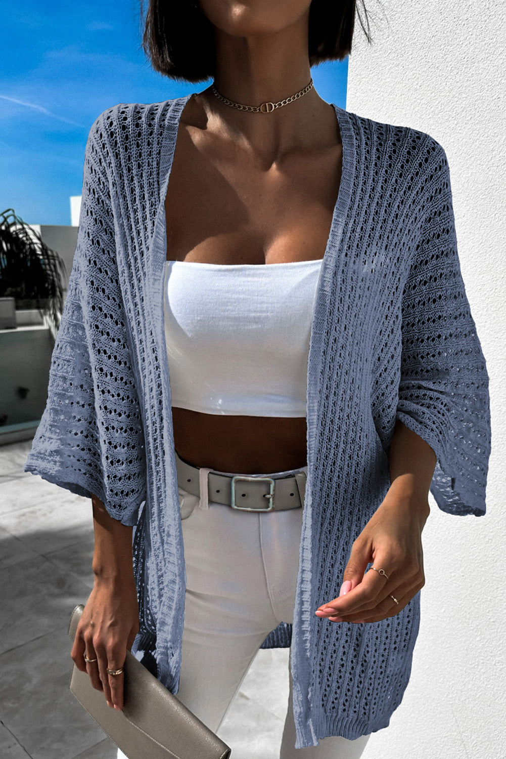 Hollow-out Knit Kimono Lightweight Cardigan