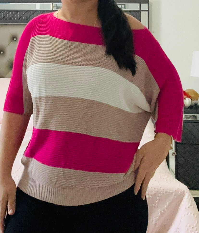 Rose Contrast Stripe Knit Half Sleeve Sweater