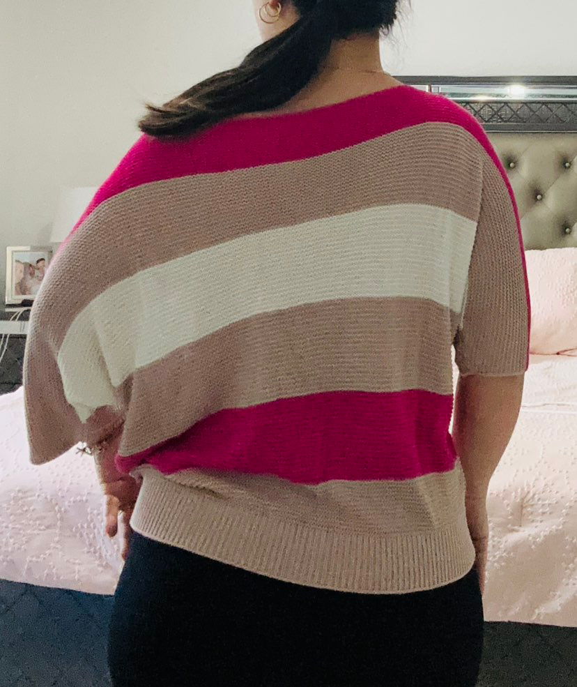 Rose Contrast Stripe Knit Half Sleeve Sweater