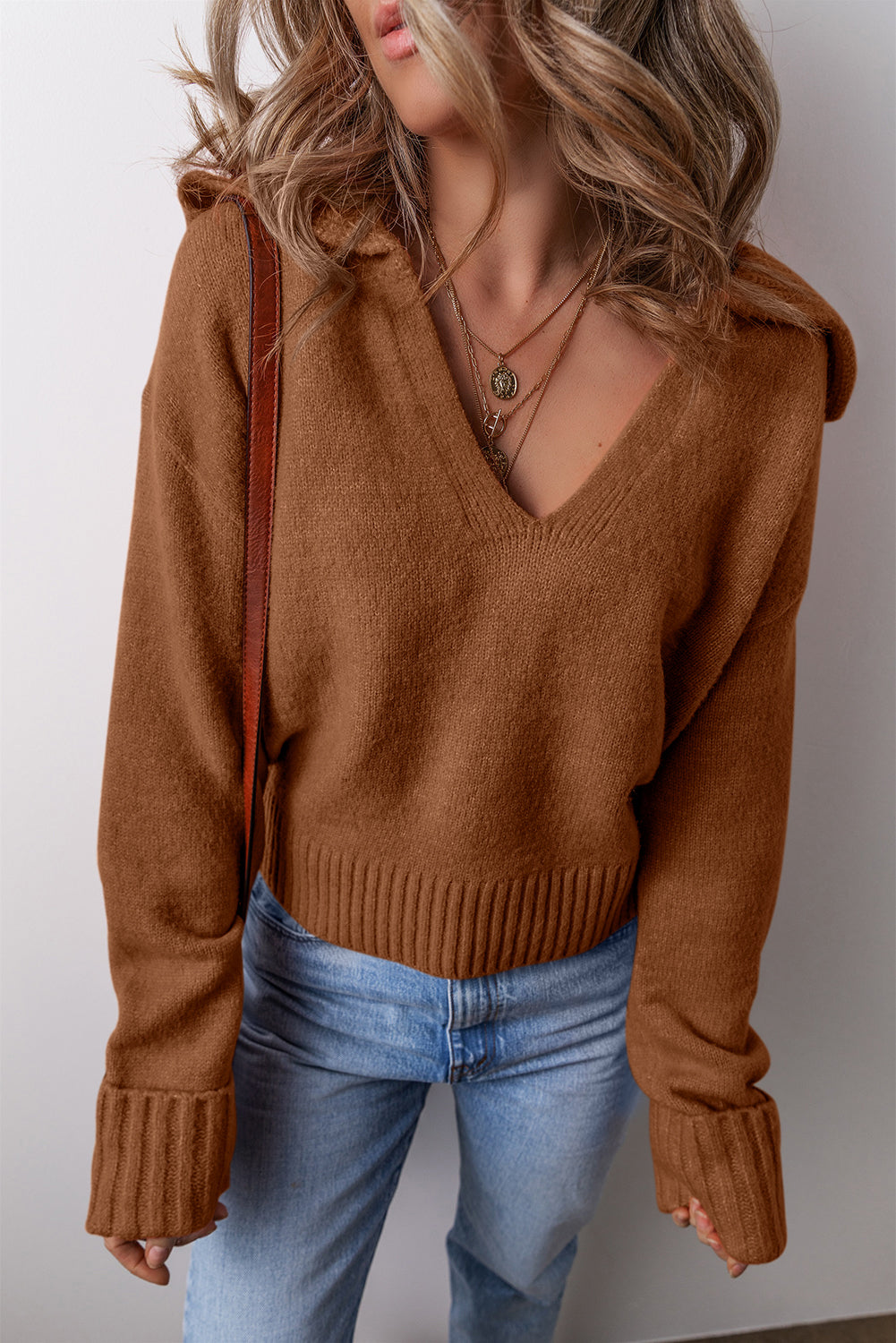 Brown Collared V Neck Ribbed Edge Sexy Elegant Sweater