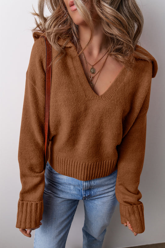 Brown Collared V Neck Ribbed Edge Sexy Elegant Sweater