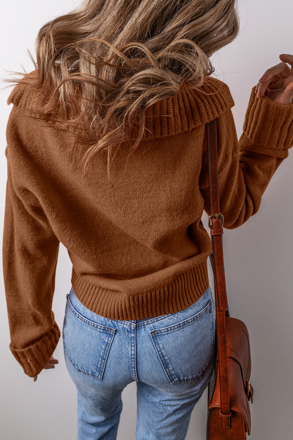Brown Collared V Neck Ribbed Edge Sexy Elegant Sweater
