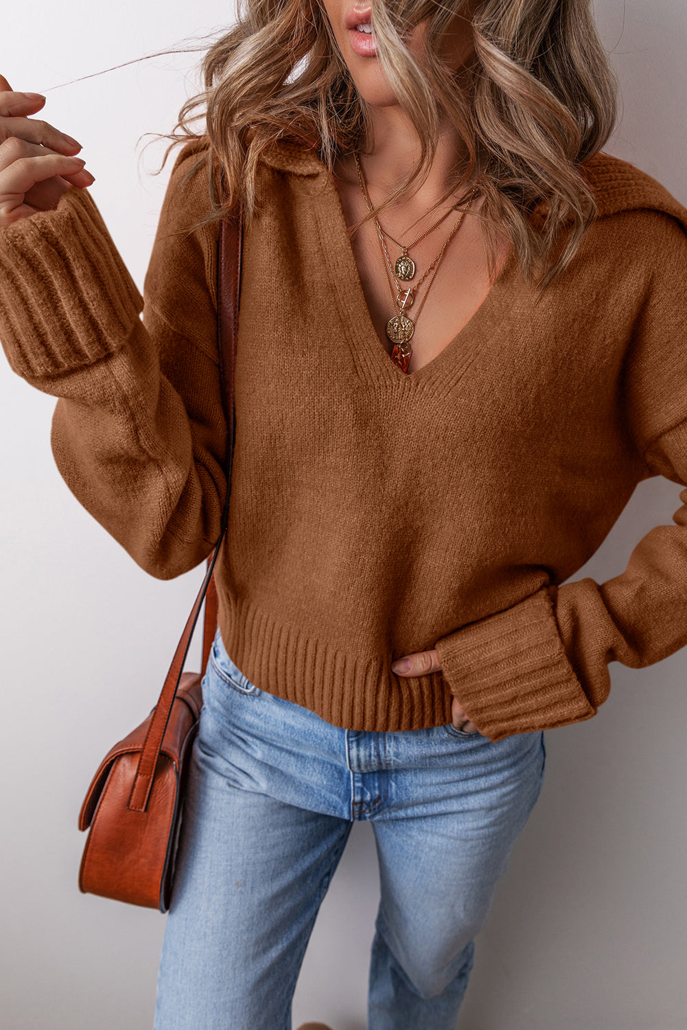 Brown Collared V Neck Ribbed Edge Sexy Elegant Sweater