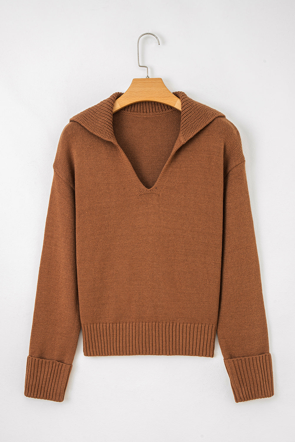 Brown Collared V Neck Ribbed Edge Sexy Elegant Sweater
