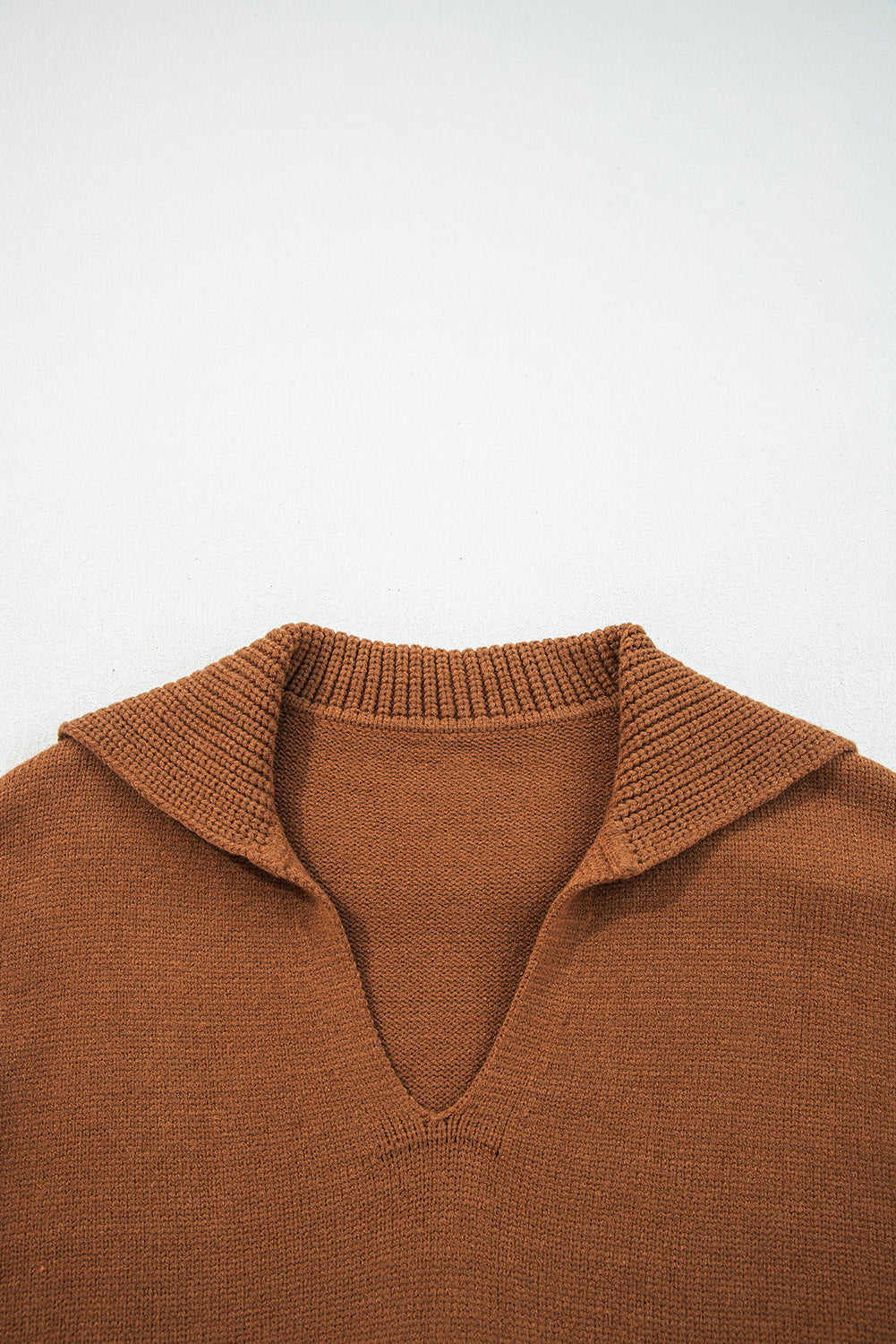 Brown Collared V Neck Ribbed Edge Sexy Elegant Sweater