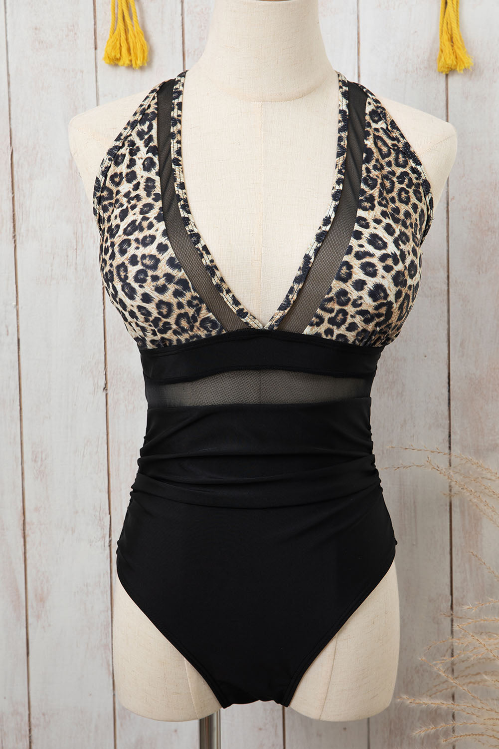 Leopard Mesh Insert V Neck High Waist Monokini