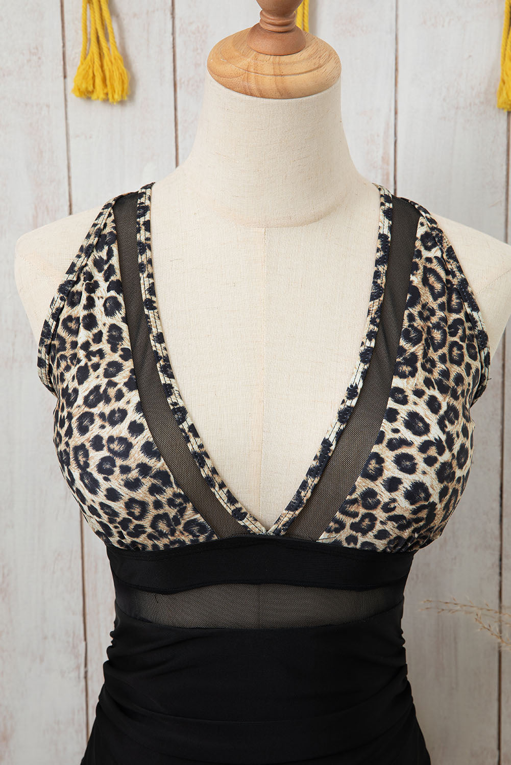 Leopard Mesh Insert V Neck High Waist Monokini