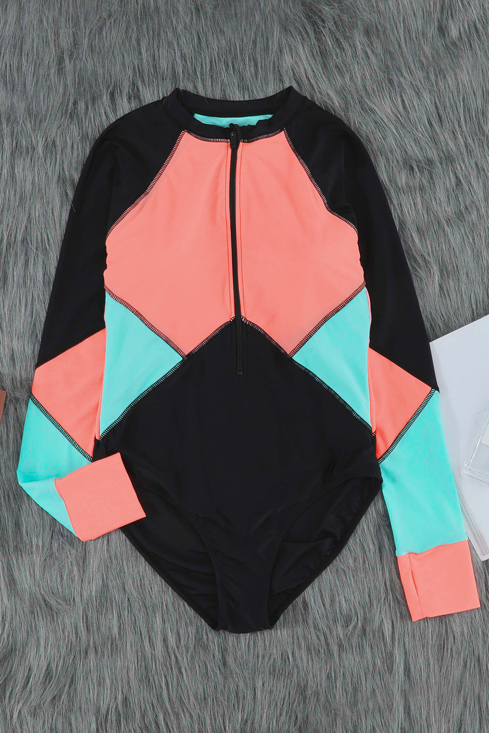 Pink Color Block Zipper Long Sleeve Rash Guard Swimwear