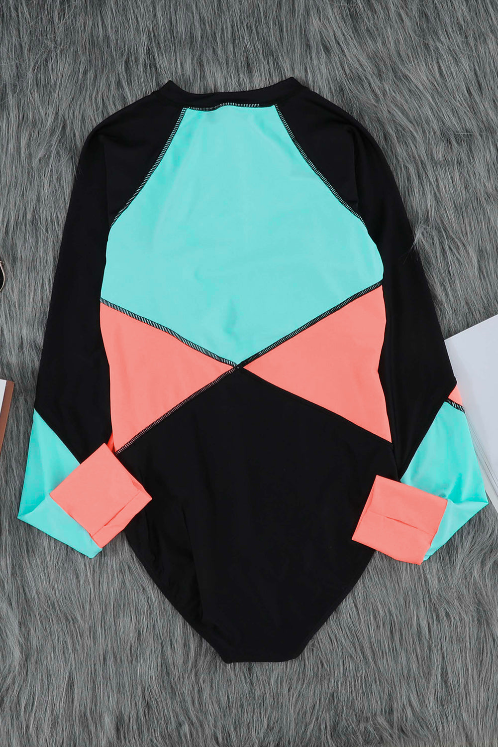 Pink Color Block Zipper Long Sleeve Rash Guard Swimwear