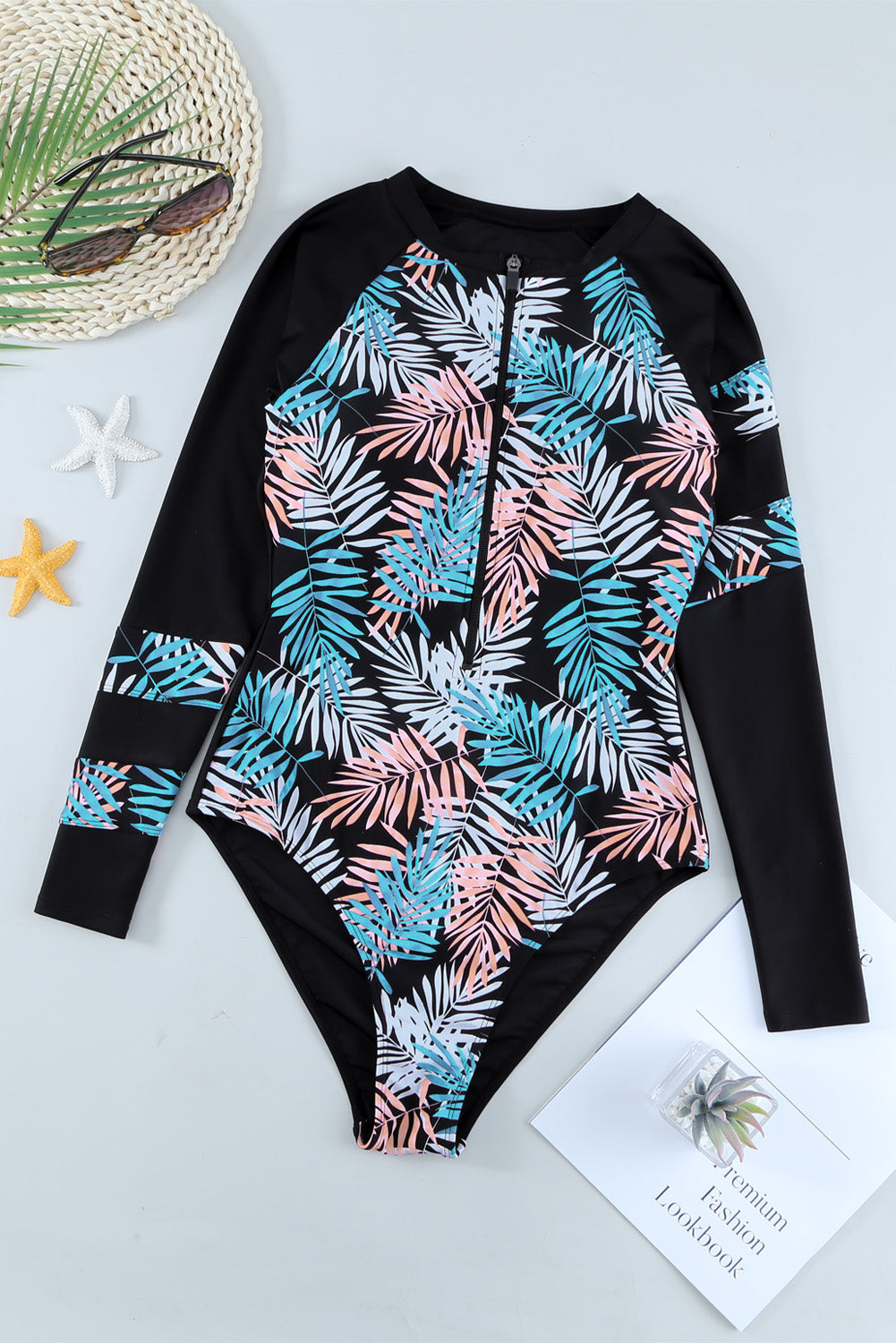 Sky Blue Leaves Print Zip-up Long Sleeve Surf Rash Guard Swimwear