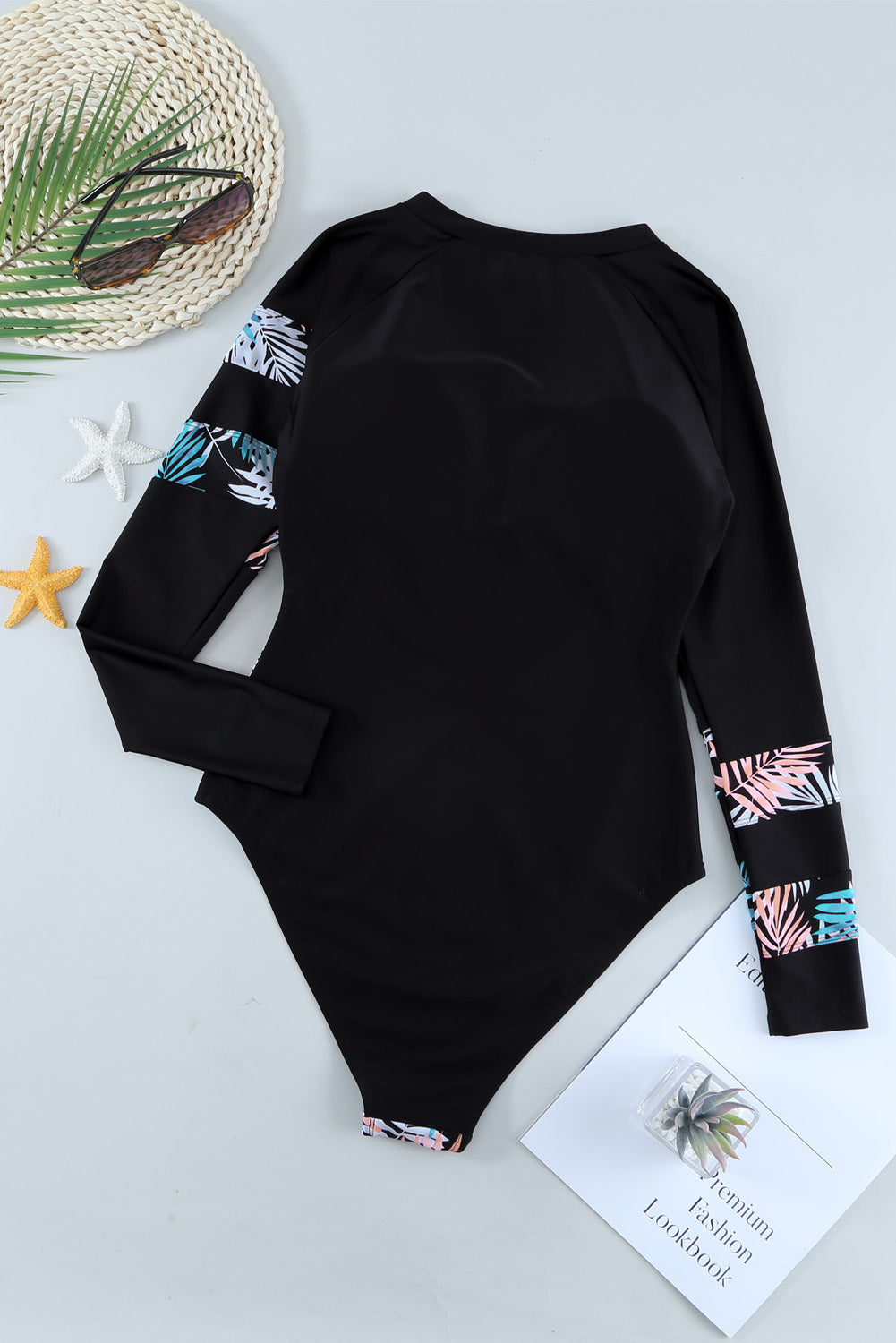 Sky Blue Leaves Print Zip-up Long Sleeve Surf Rash Guard Swimwear