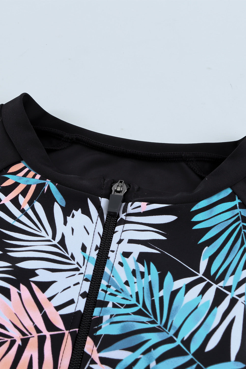 Sky Blue Leaves Print Zip-up Long Sleeve Surf Rash Guard Swimwear