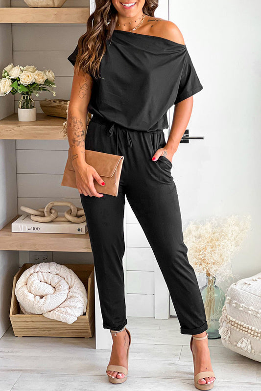 Black Tie Waist Short Sleeve Tapered Jumpsuit