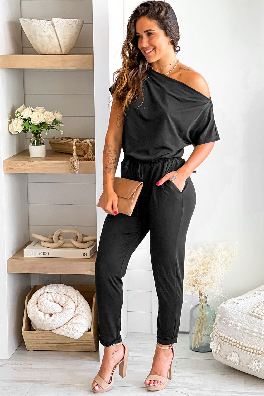 Black Tie Waist Short Sleeve Tapered Jumpsuit