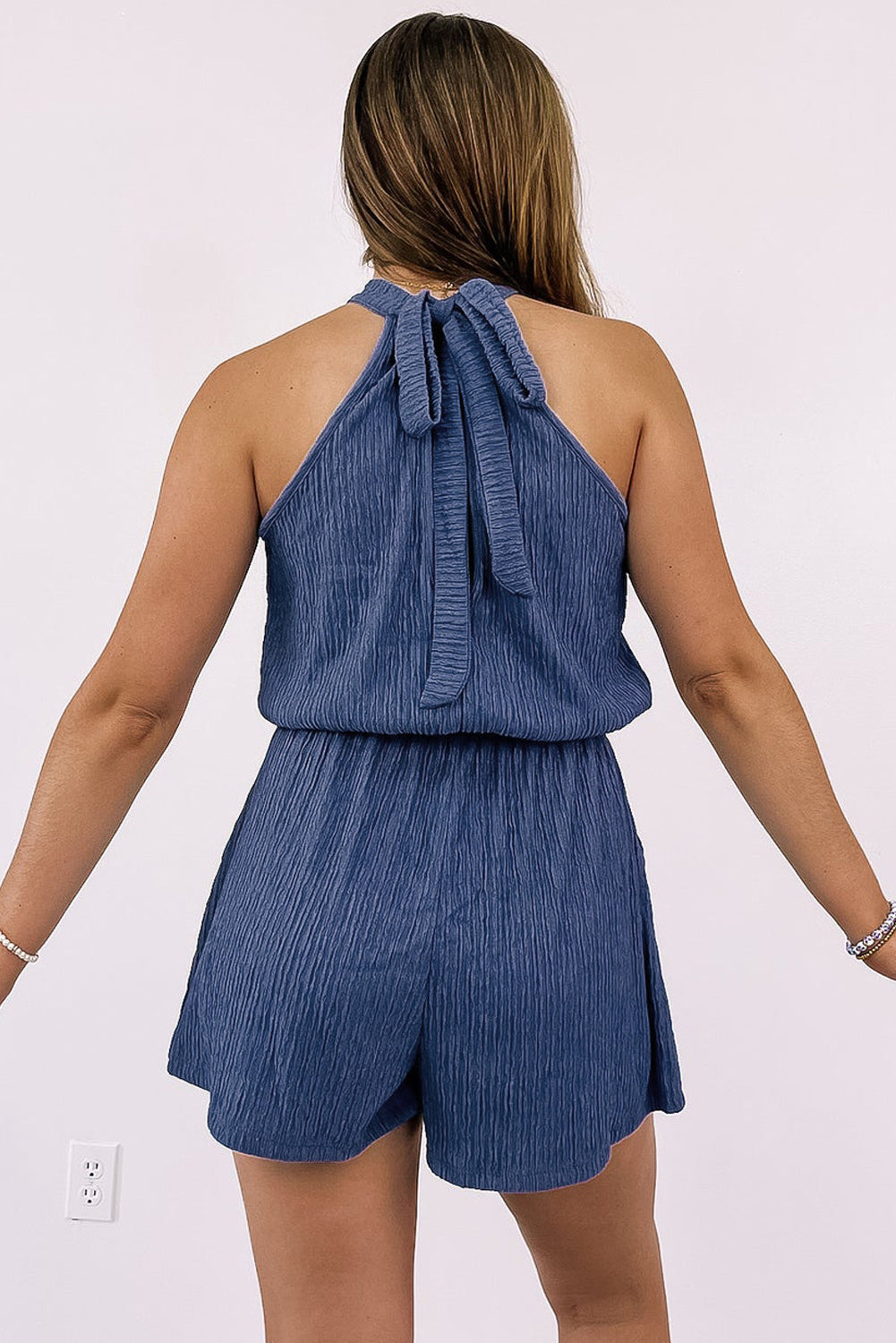 Knot Back High Neck Crinkle Textured Romper