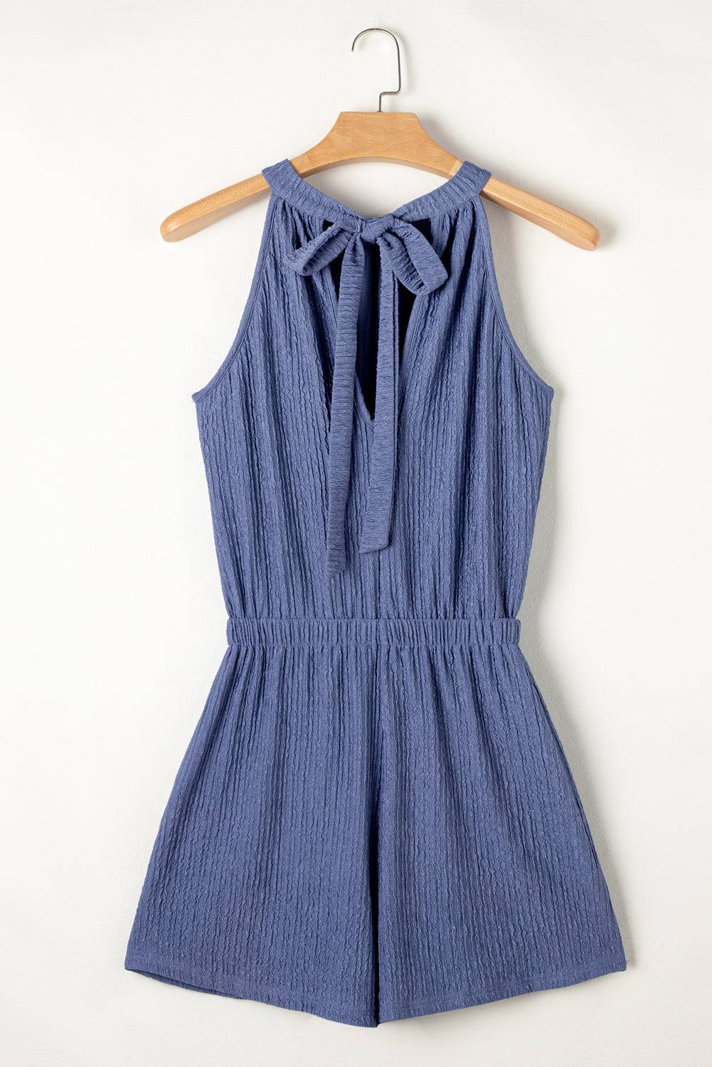 Knot Back High Neck Crinkle Textured Romper