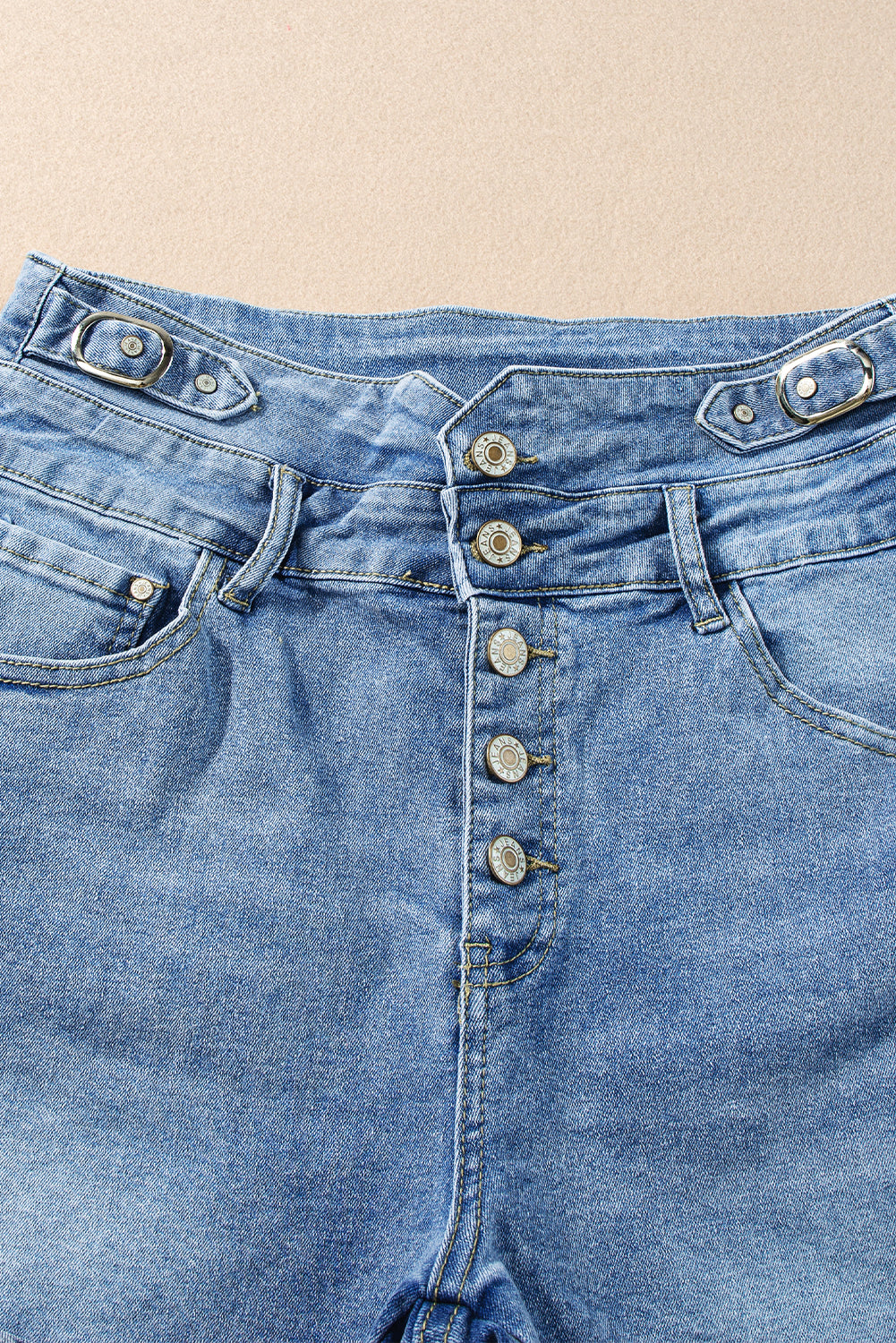 Dusk Blue Button Fly High Waist Roll Edge Denim Shorts