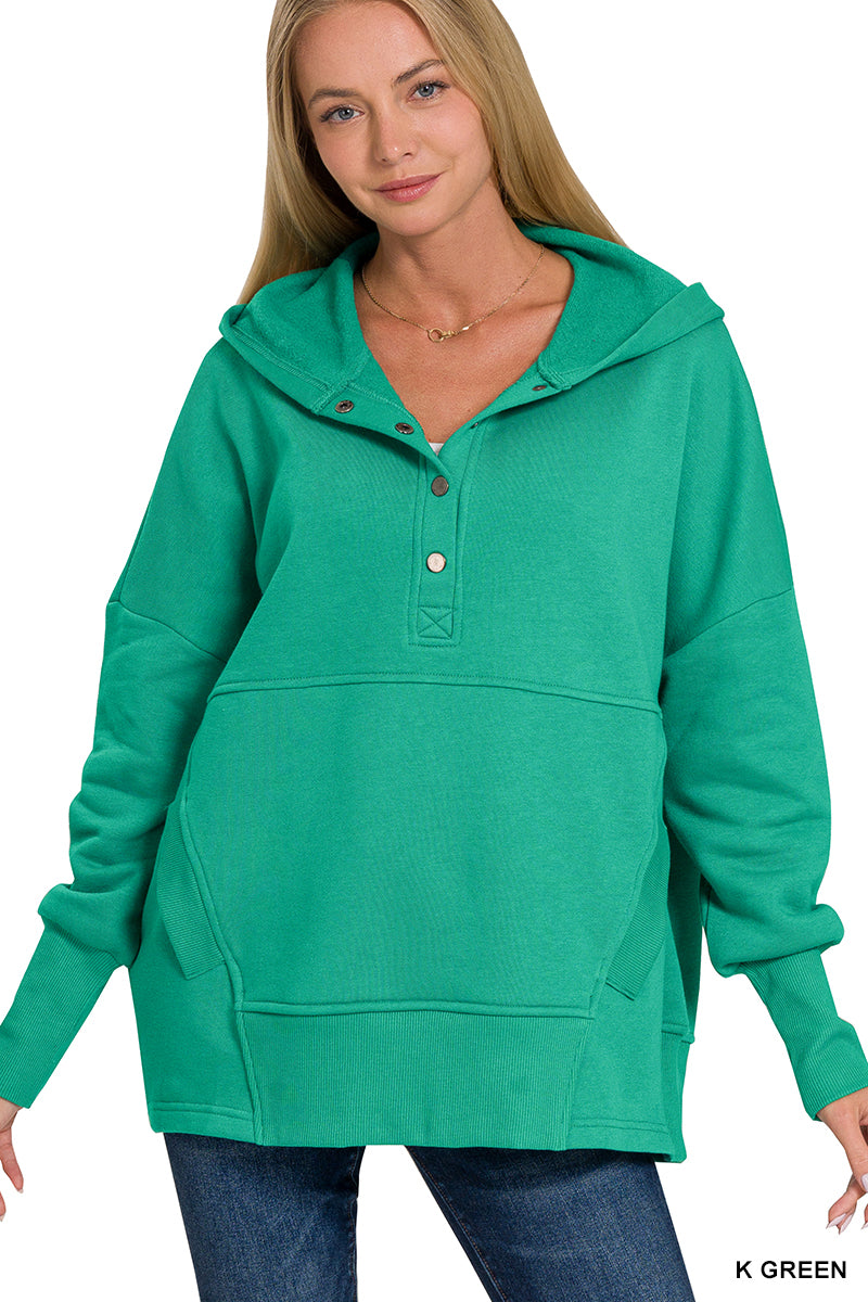 HALF BUTTON FLEECE HOODED PULLOVER