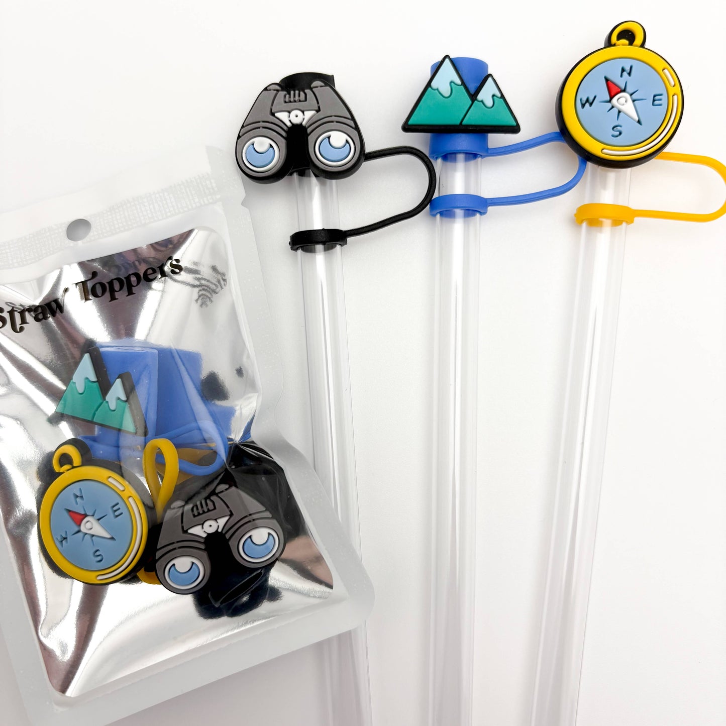 Straw Topper 3 pack - Binoculars, Compass, Mountains 