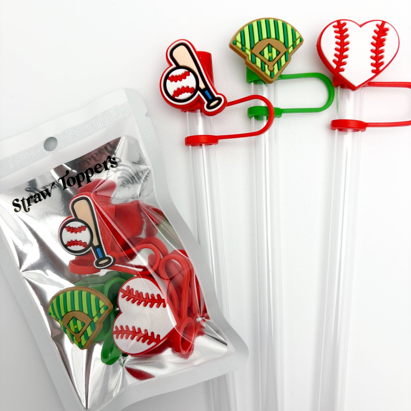 Straw Topper 3 pack - Heart Baseball, Baseball Field, Bat 